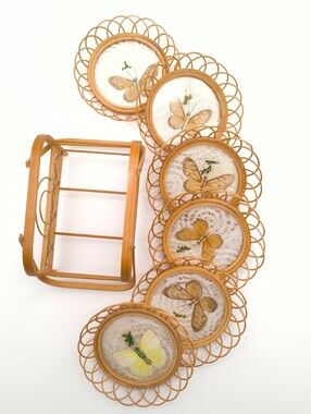 1970s Bamboo Rattan Butterfly Coaster Set with Caddy - Mid Century Boho